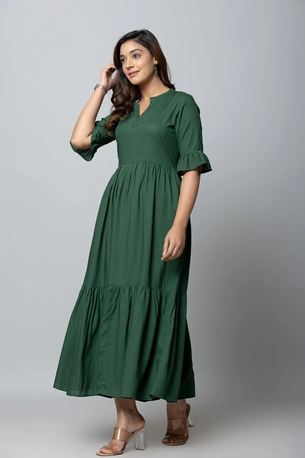 Women's Maxi Dress, Red, V-Neck, 3/4 Bell Sleeves, Tiered Rayon Casual Long Dress