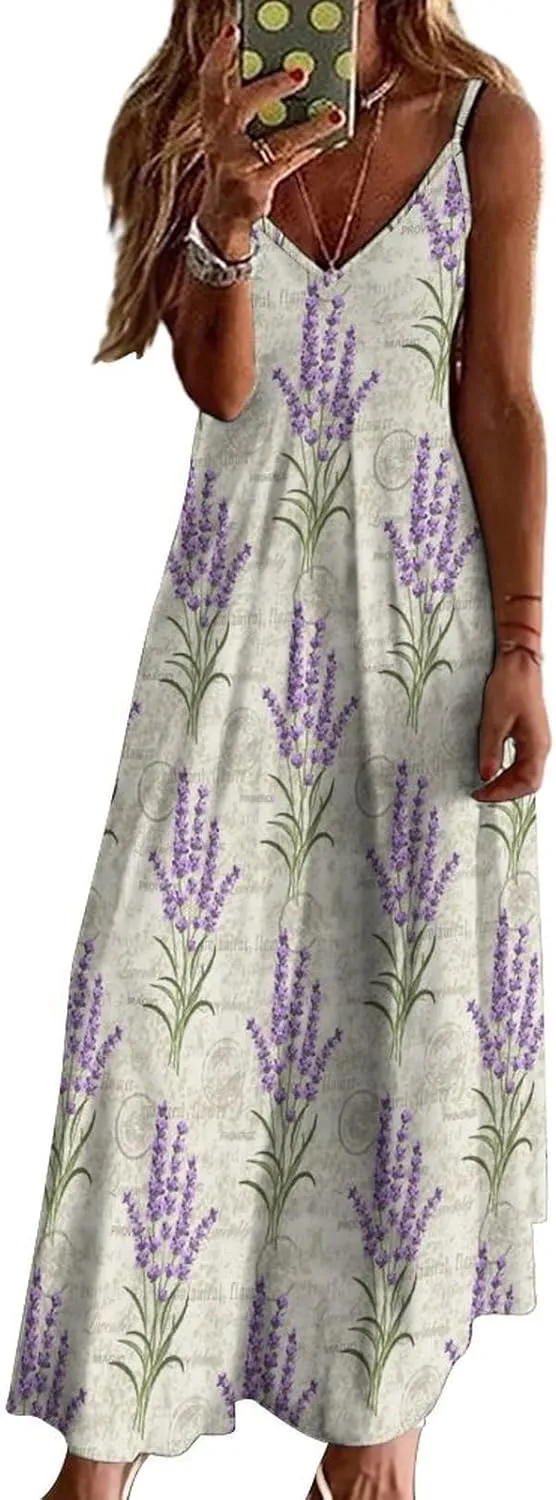 Women's Maxi Dress Summer Sleeveless Spaghetti Strap Sundress Casual Long Dress