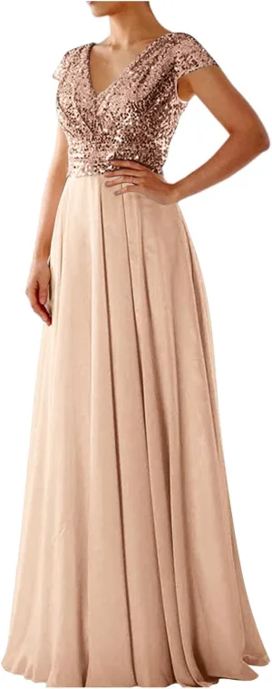 Women's Mother of The Groom Bride Dresses for Wedding Wrap Sparkly Sequin Dress V Neck Formal Evening Prom Gowns