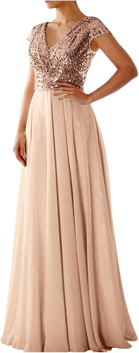 Women's Mother of The Groom Bride Dresses for Wedding Wrap Sparkly Sequin Dress V Neck Formal Evening Prom Gowns