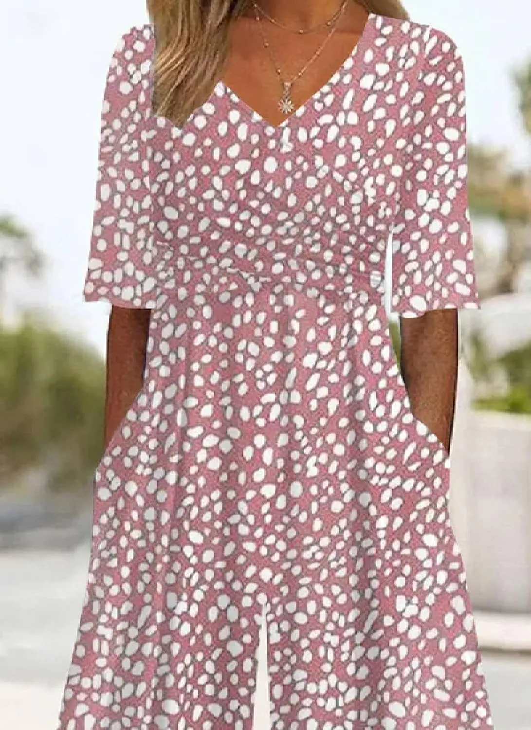 Women's Navy V-Neck Short Sleeve White Floral Print Jumpsuit with Pockets Wide Leg Causal One Piece Outfits 2025 Fashion