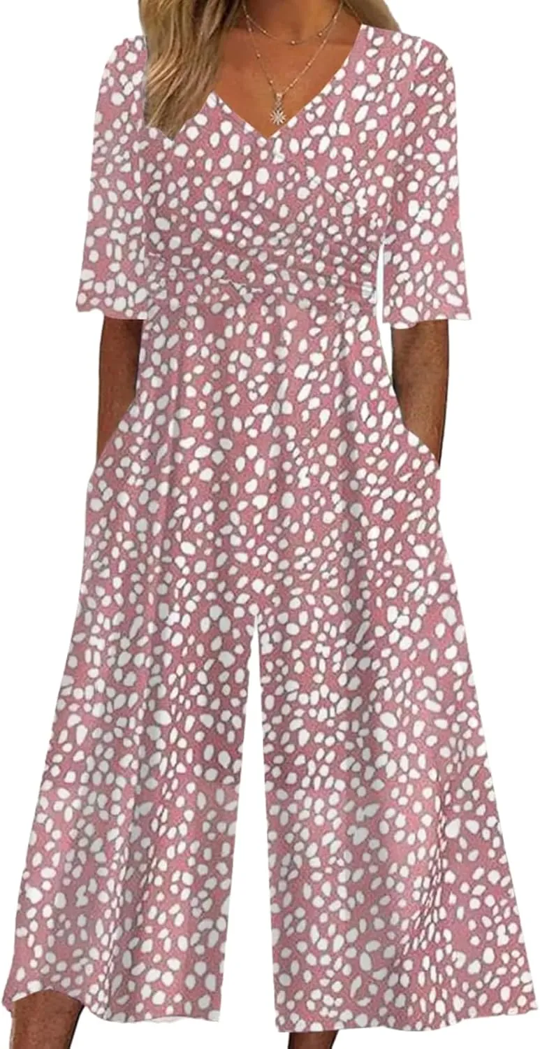 Women's Navy V-Neck Short Sleeve White Floral Print Jumpsuit with Pockets Wide Leg Causal One Piece Outfits 2025 Fashion