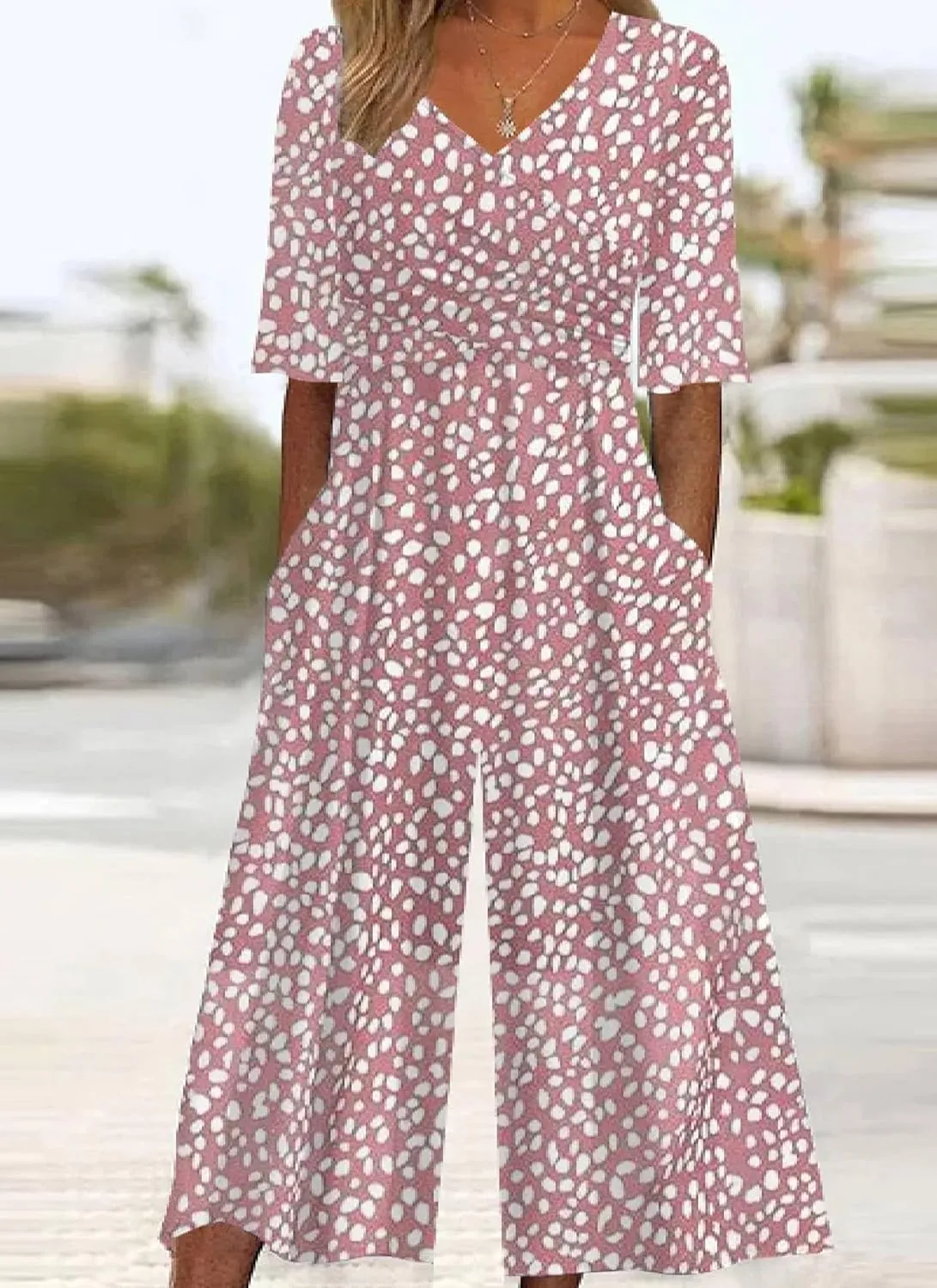 Women's Navy V-Neck Short Sleeve White Floral Print Jumpsuit with Pockets Wide Leg Causal One Piece Outfits 2025 Fashion