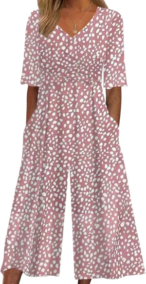 Women's Navy V-Neck Short Sleeve White Floral Print Jumpsuit with Pockets Wide Leg Causal One Piece Outfits 2025 Fashion