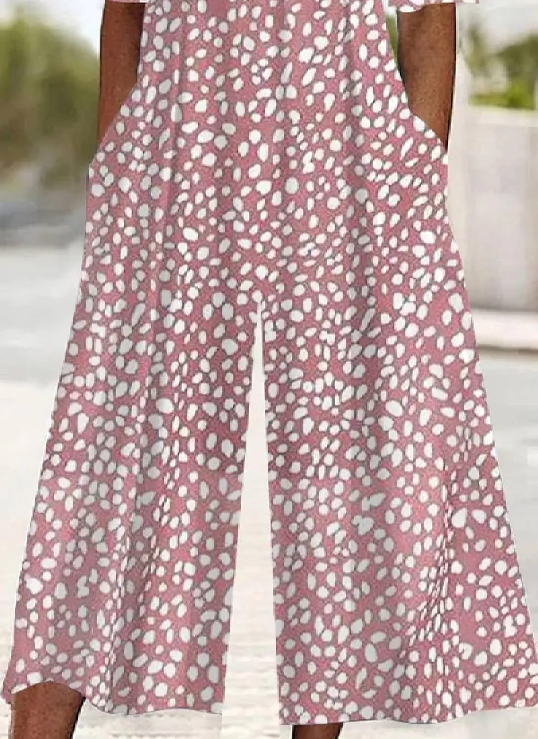 Women's Navy V-Neck Short Sleeve White Floral Print Jumpsuit with Pockets Wide Leg Causal One Piece Outfits 2025 Fashion
