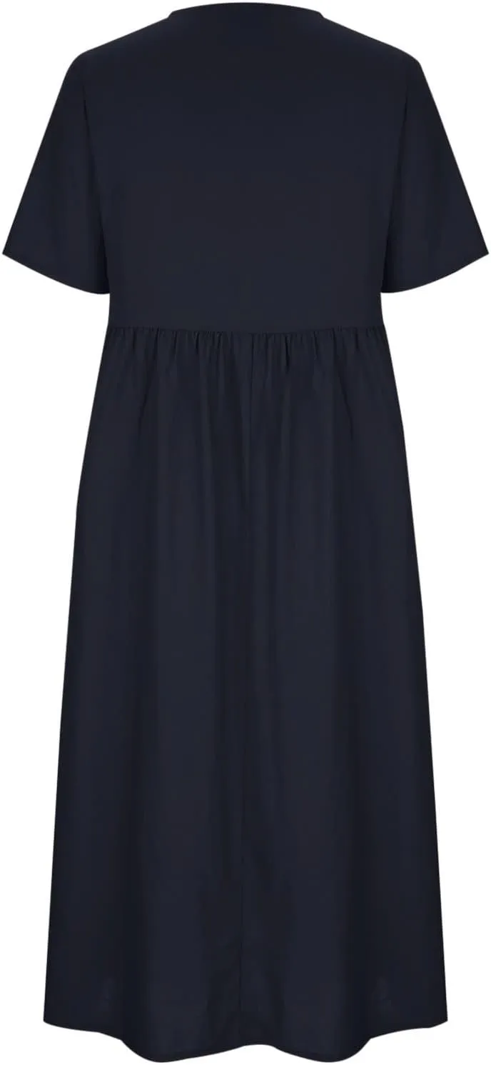 Women's Plus Size Cotton Linen Dress Summer Crewneck Button Up Short Sleeve Midi Dresses Solid Loose Beach Sundress