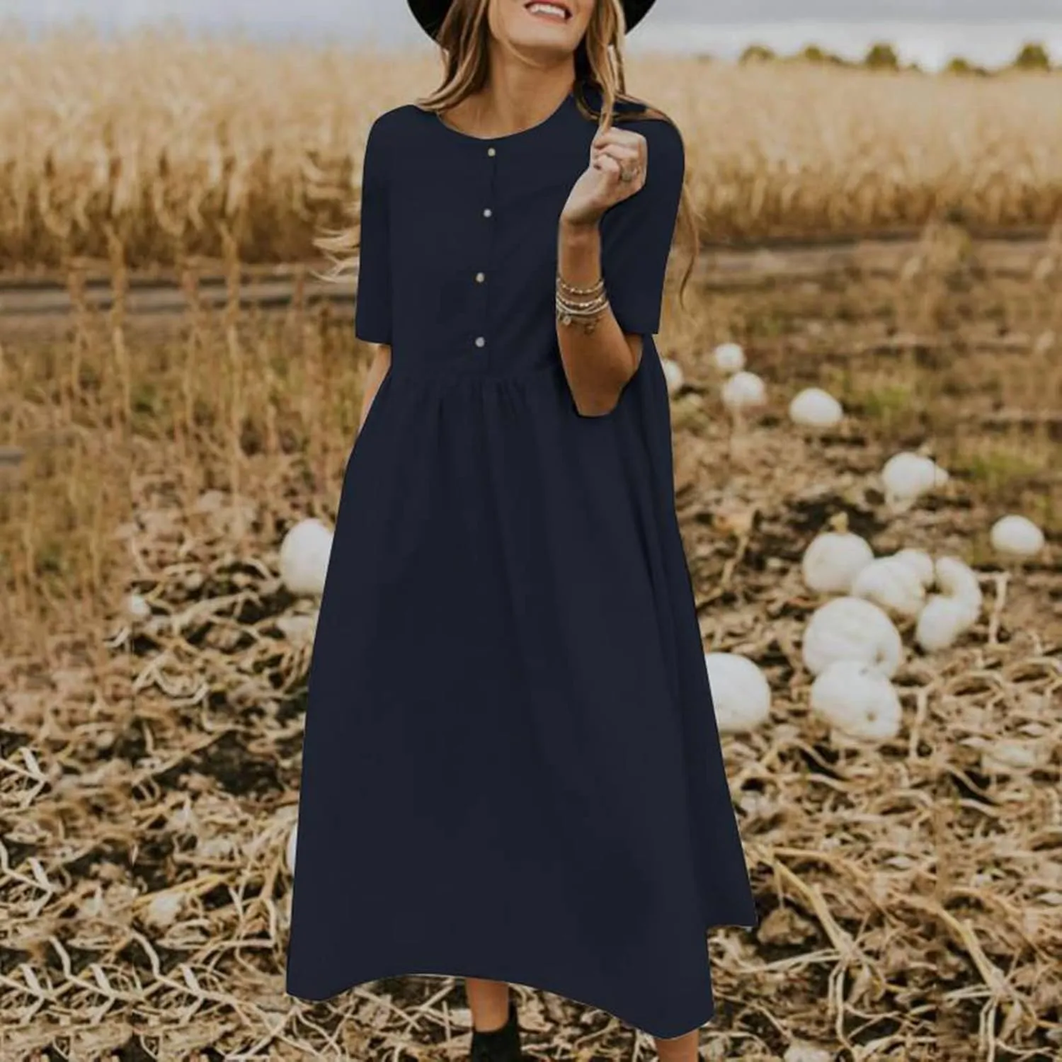 Women's Plus Size Cotton Linen Dress Summer Crewneck Button Up Short Sleeve Midi Dresses Solid Loose Beach Sundress