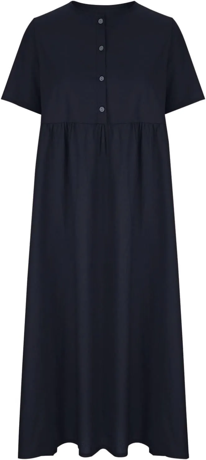 Women's Plus Size Cotton Linen Dress Summer Crewneck Button Up Short Sleeve Midi Dresses Solid Loose Beach Sundress