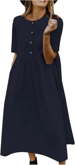 Women's Plus Size Cotton Linen Dress Summer Crewneck Button Up Short Sleeve Midi Dresses Solid Loose Beach Sundress