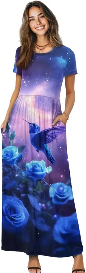 Women's Plus Size Crewneck Maxi Dress Loose Casual Short Sleeve High Waist A-Line Long Dress with Pockets S-4XL