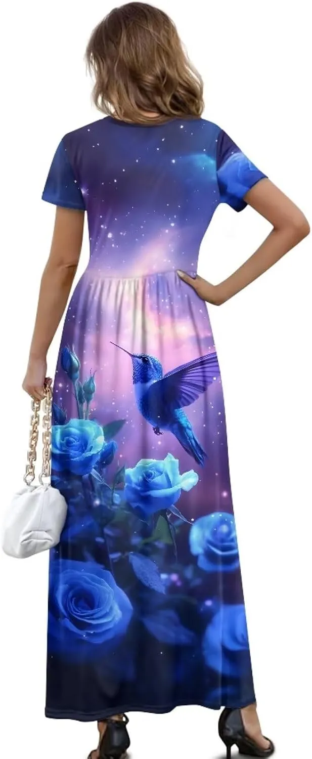 Women's Plus Size Crewneck Maxi Dress Loose Casual Short Sleeve High Waist A-Line Long Dress with Pockets S-4XL