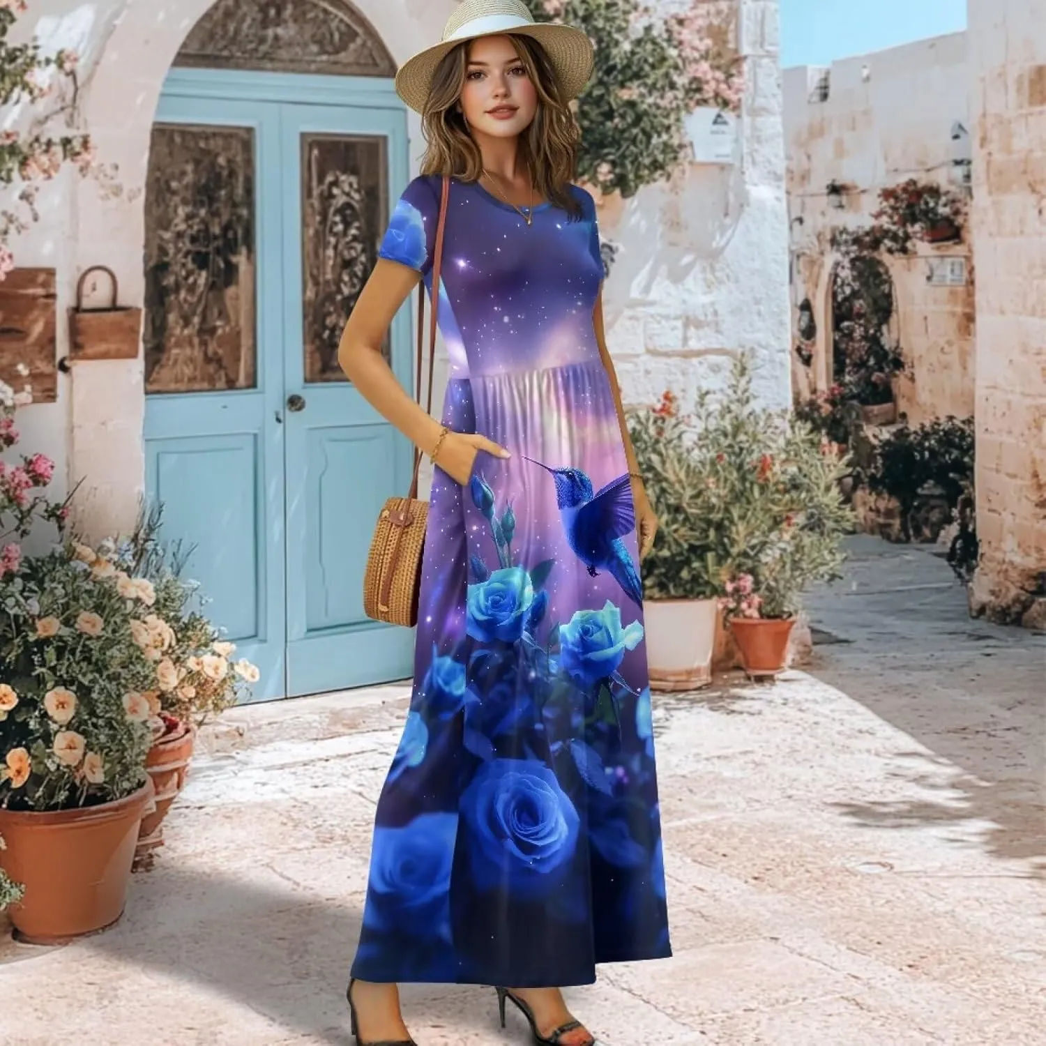 Women's Plus Size Crewneck Maxi Dress Loose Casual Short Sleeve High Waist A-Line Long Dress with Pockets S-4XL