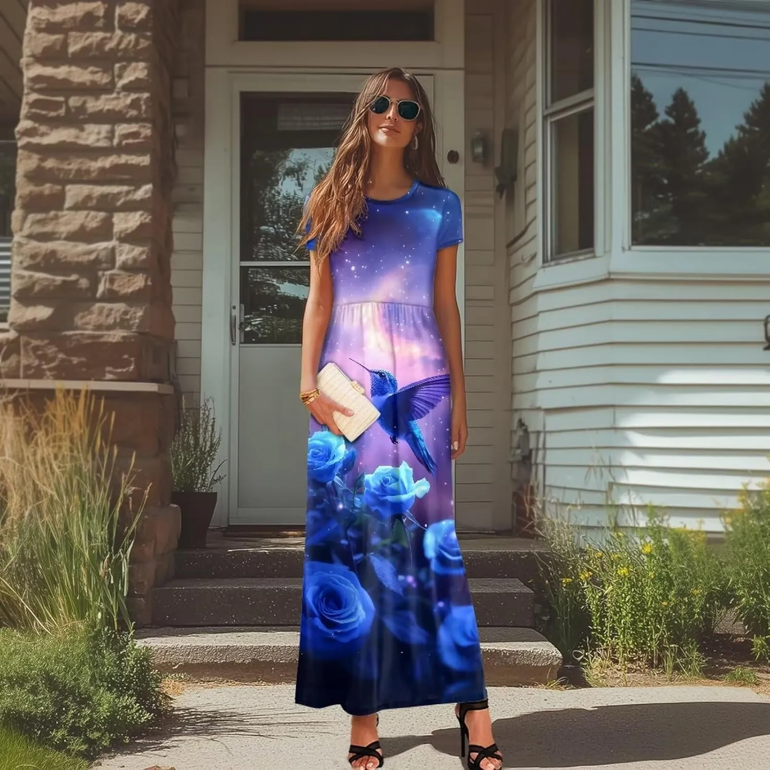 Women's Plus Size Crewneck Maxi Dress Loose Casual Short Sleeve High Waist A-Line Long Dress with Pockets S-4XL