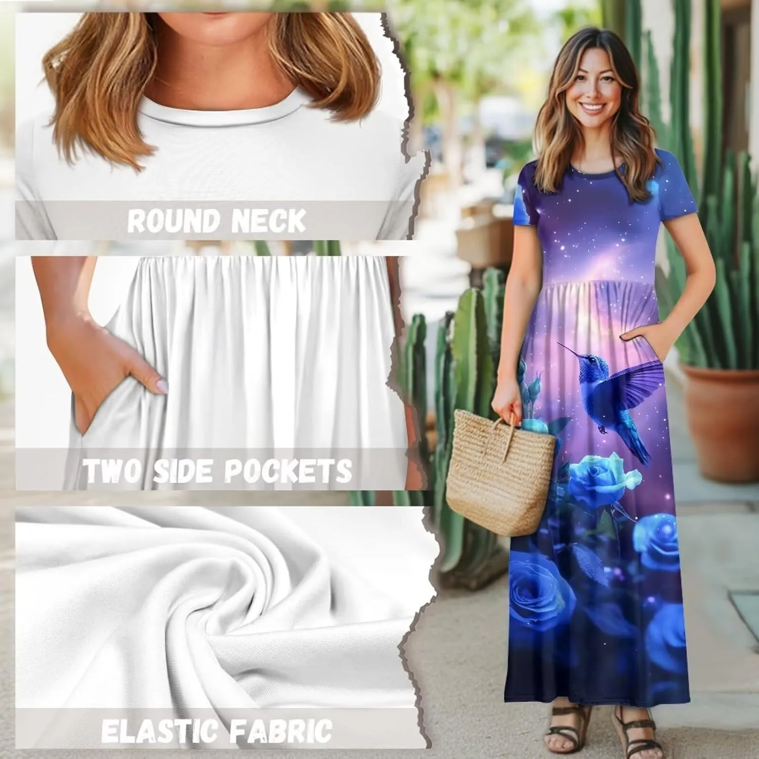Women's Plus Size Crewneck Maxi Dress Loose Casual Short Sleeve High Waist A-Line Long Dress with Pockets S-4XL