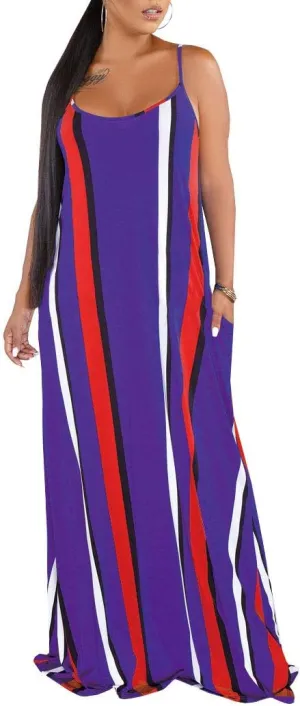 Womens Plus-Size Summer Bohemian Beach Sundress Spaghetti Strap Loose Long Maxi Dresses with Pockets