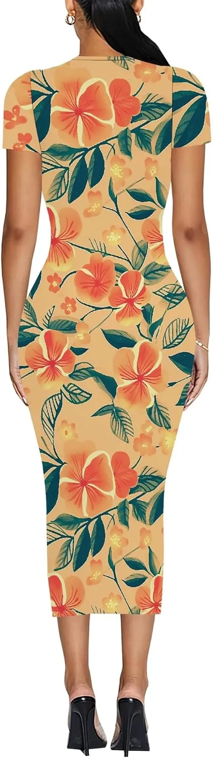 Women's Sexy Bodycon Mini Dresses Business Floral Print Midi Dress Casual Tshirt Short Sleeve Sundress Beach Vacation Outfits