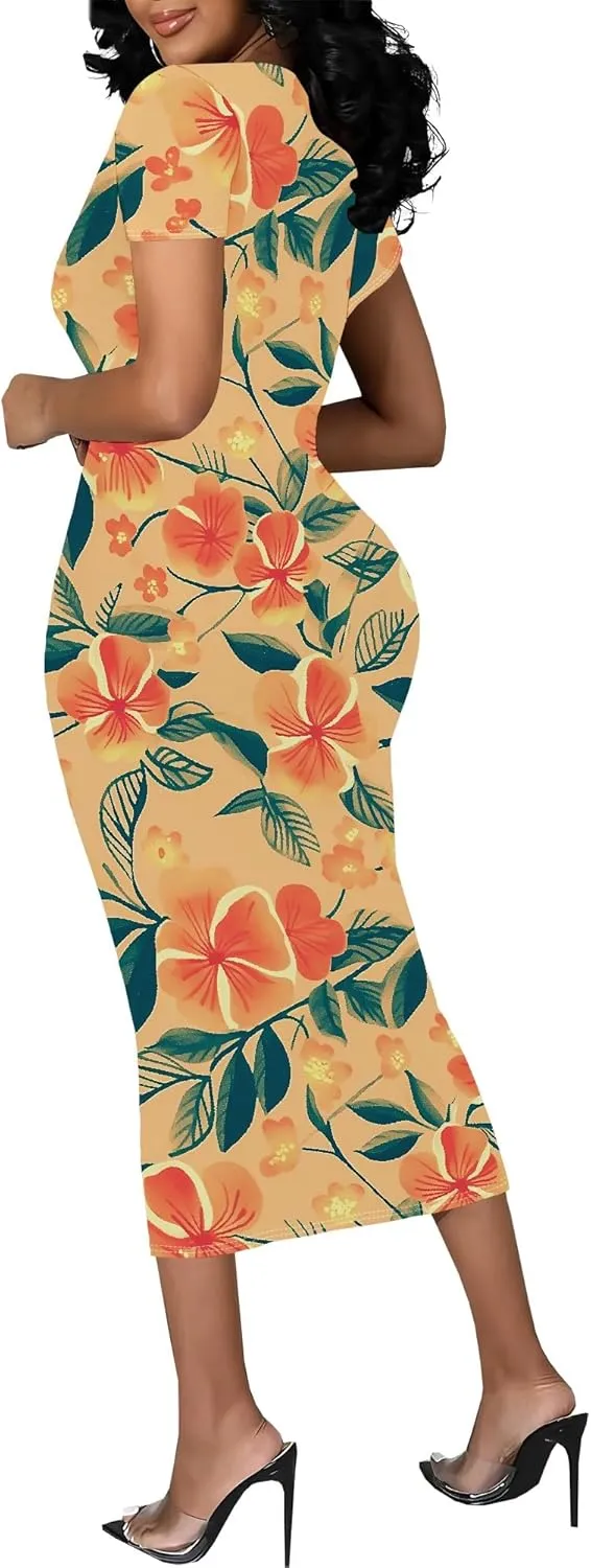 Women's Sexy Bodycon Mini Dresses Business Floral Print Midi Dress Casual Tshirt Short Sleeve Sundress Beach Vacation Outfits