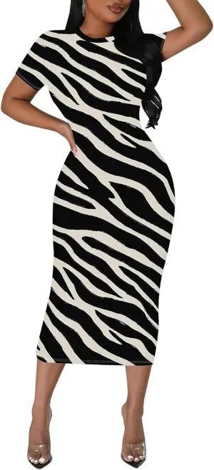 Women's Sexy Bodycon Mini Dresses Business Floral Print Midi Dress Casual Tshirt Short Sleeve Sundress Beach Vacation Outfits