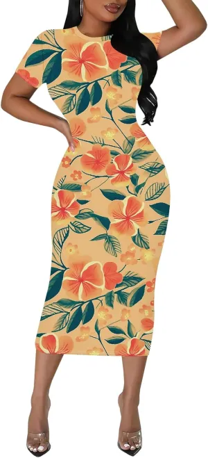 Women's Sexy Bodycon Mini Dresses Business Floral Print Midi Dress Casual Tshirt Short Sleeve Sundress Beach Vacation Outfits