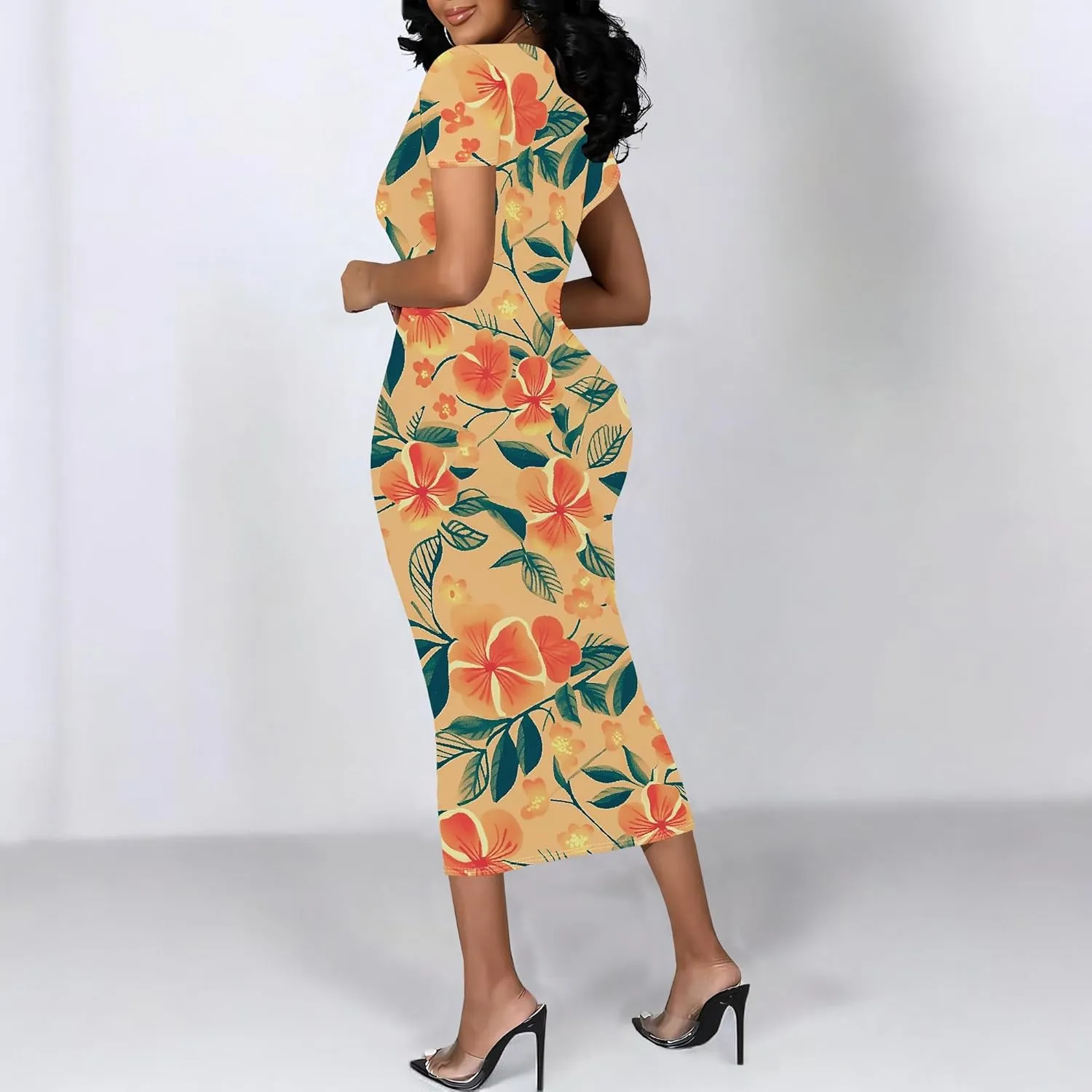 Women's Sexy Bodycon Mini Dresses Business Floral Print Midi Dress Casual Tshirt Short Sleeve Sundress Beach Vacation Outfits
