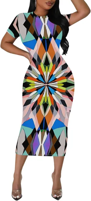 Women's Sexy Bodycon Mini Dresses Business Floral Print Midi Dress Casual Tshirt Short Sleeve Sundress Beach Vacation Outfits