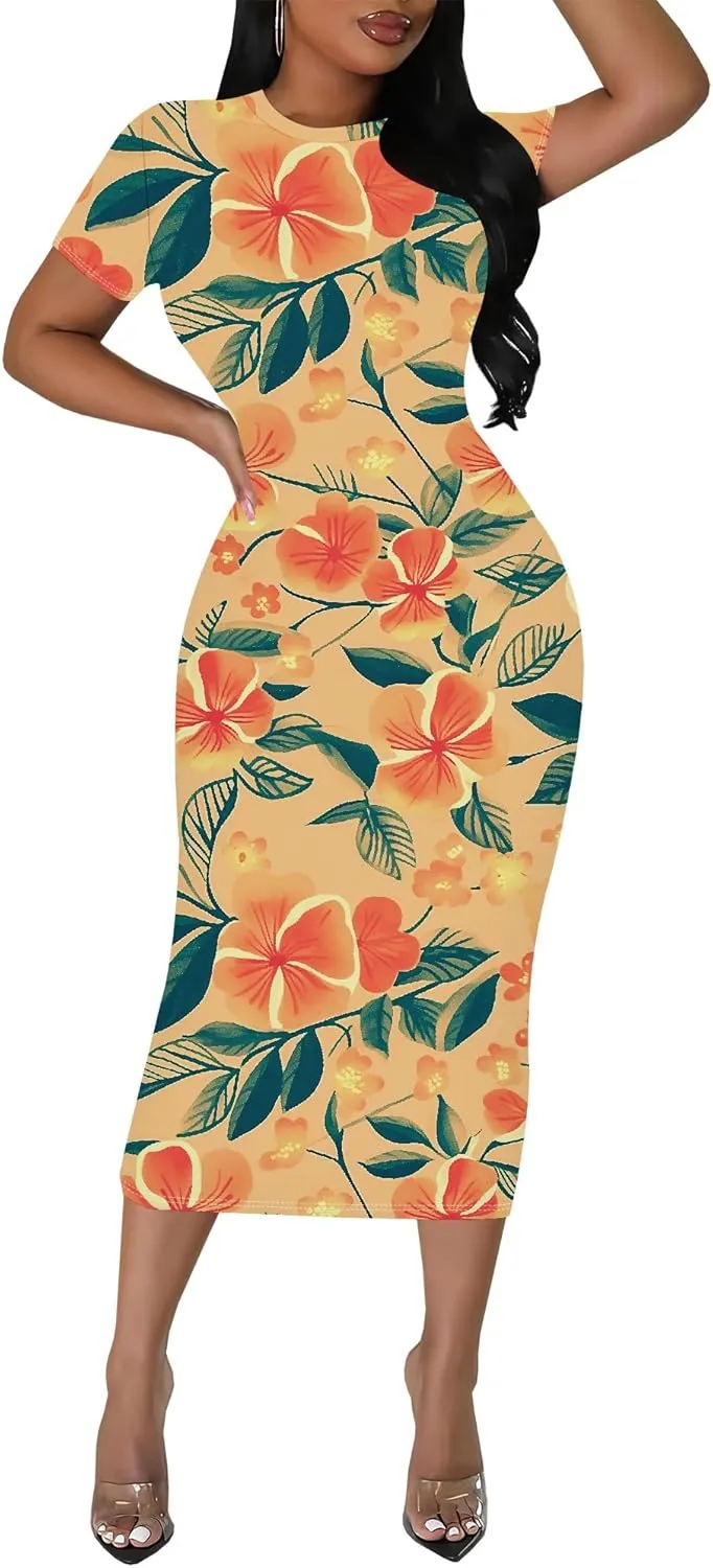 Women's Sexy Bodycon Mini Dresses Business Floral Print Midi Dress Casual Tshirt Short Sleeve Sundress Beach Vacation Outfits