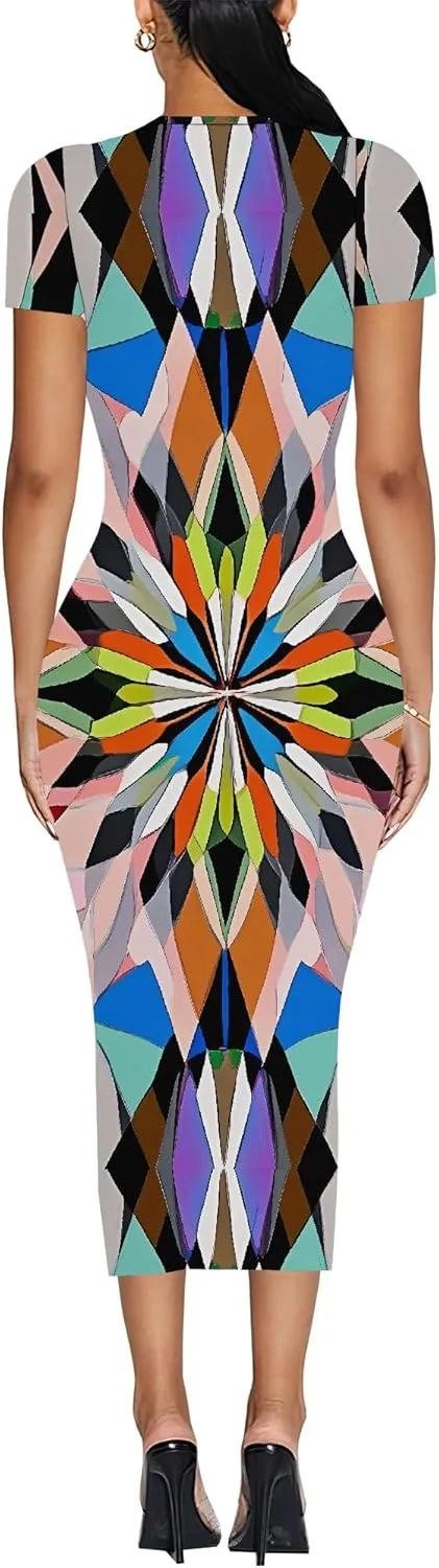 Women's Sexy Bodycon Mini Dresses Business Floral Print Midi Dress Casual Tshirt Short Sleeve Sundress Beach Vacation Outfits