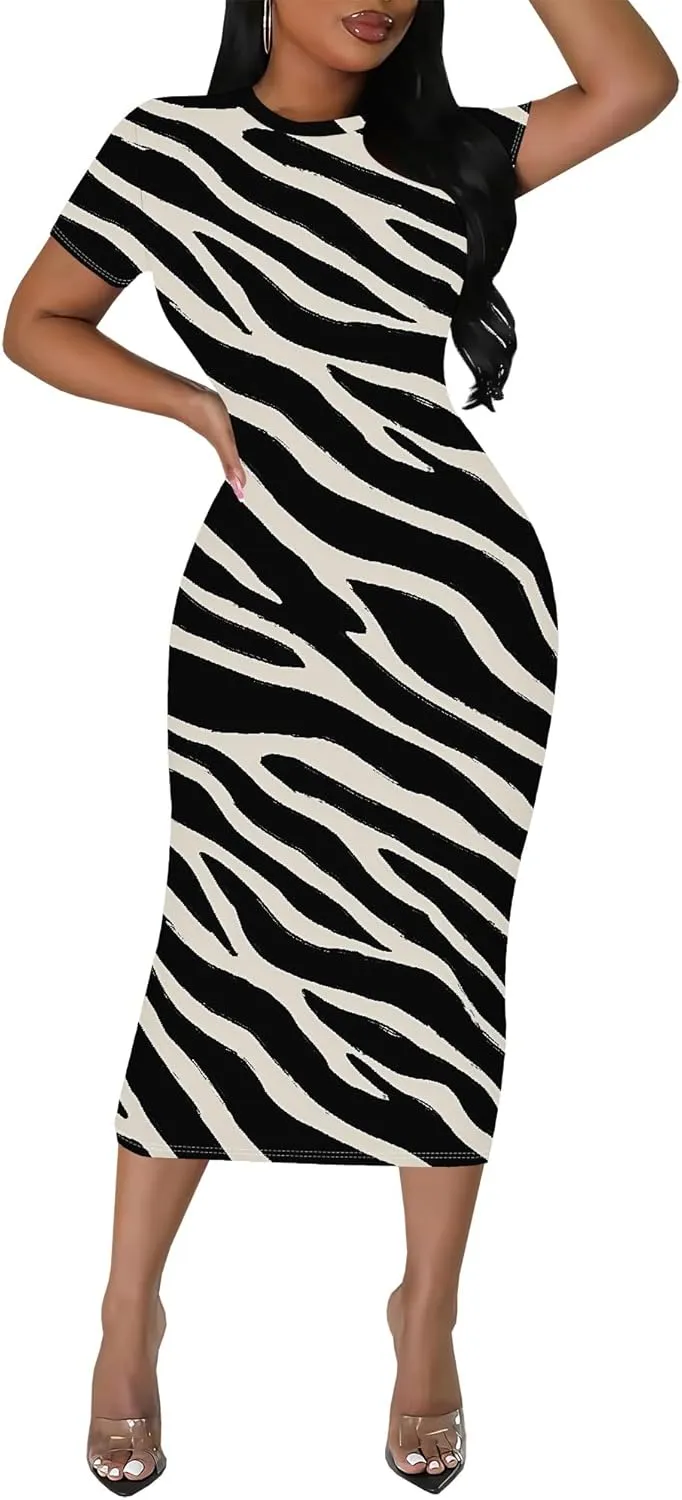 Women's Sexy Bodycon Mini Dresses Business Floral Print Midi Dress Casual Tshirt Short Sleeve Sundress Beach Vacation Outfits