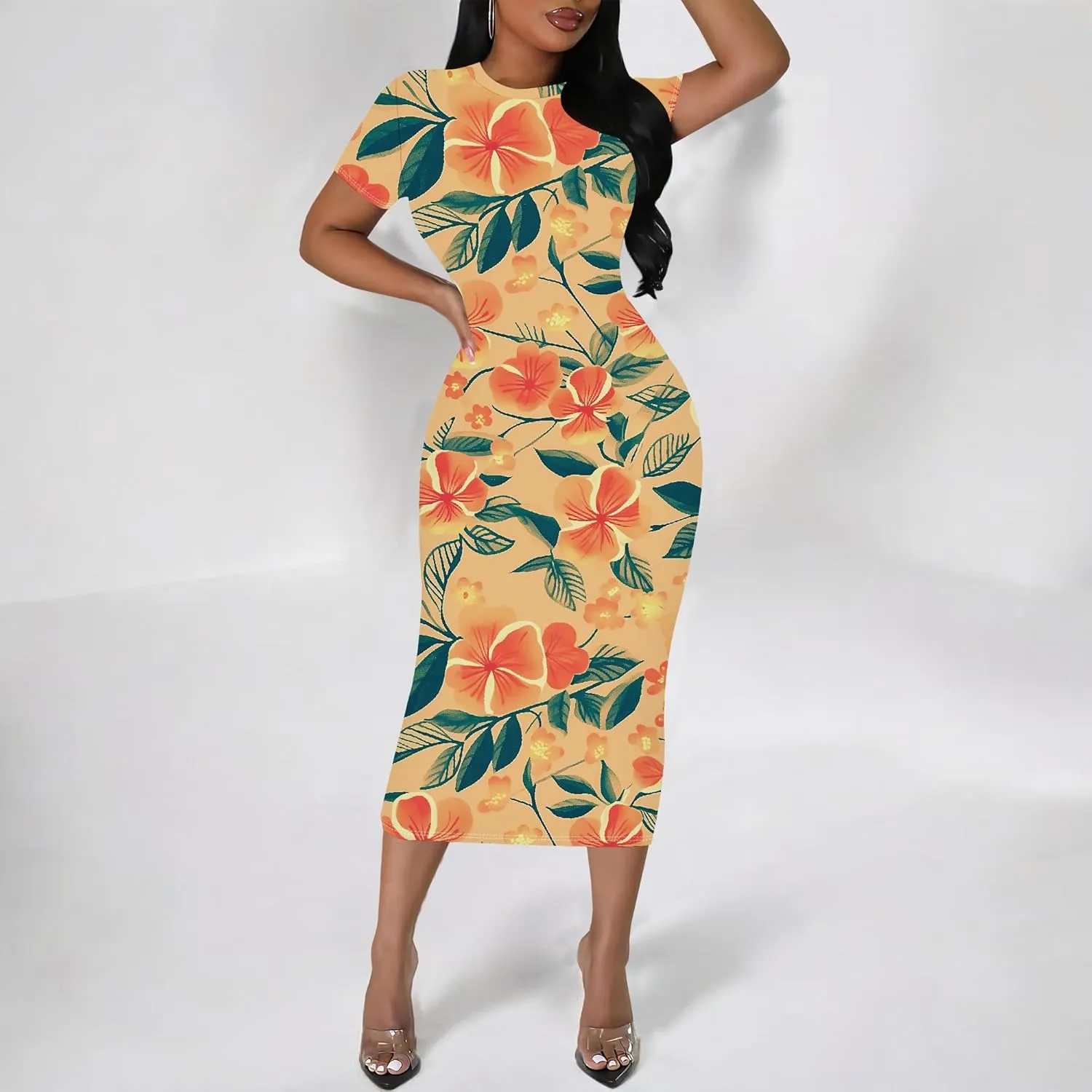 Women's Sexy Bodycon Mini Dresses Business Floral Print Midi Dress Casual Tshirt Short Sleeve Sundress Beach Vacation Outfits