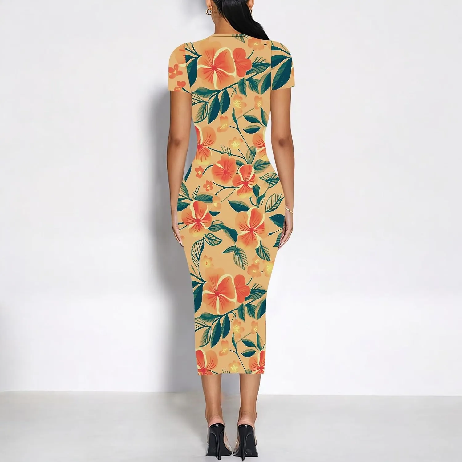 Women's Sexy Bodycon Mini Dresses Business Floral Print Midi Dress Casual Tshirt Short Sleeve Sundress Beach Vacation Outfits