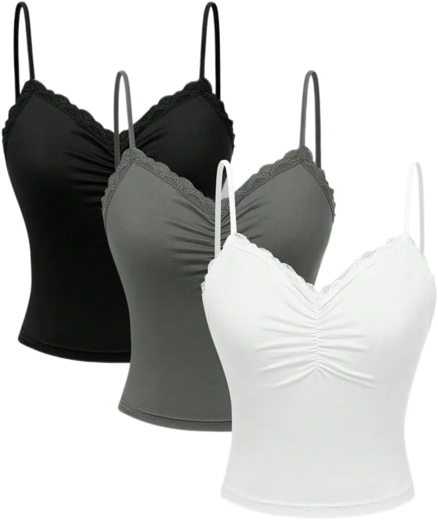 Women's Shirts Solid Color Spaghetti Strap Lace Three-Piece Set Camisole Fashion Camis Tank Tops