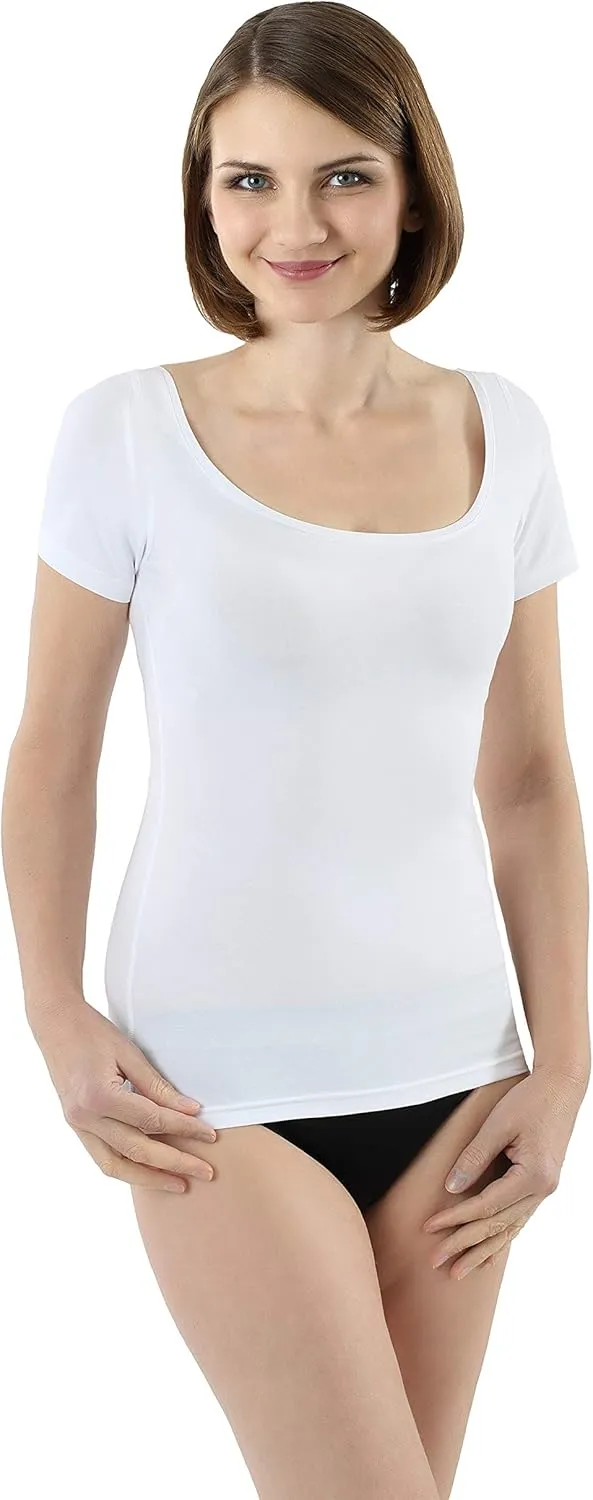 Women's Short Sleeve Undershirt with Extra Wide and deep Scoop Neck for Broad Shoulders - Stretch Cotton White