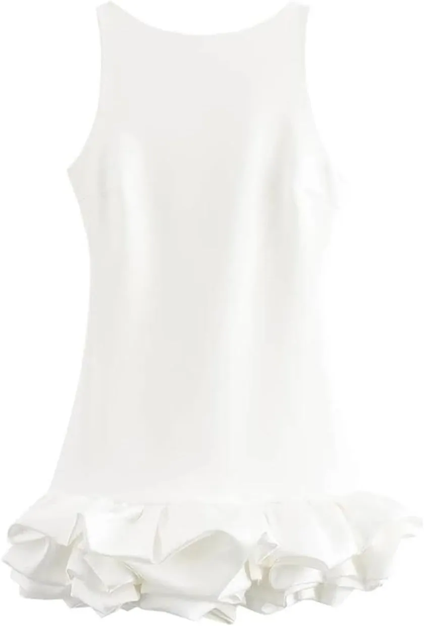 Women's Sleeveless Solid Color Ruffle Hem Fluffy Backless Slim Mini Dress Sexy Prom Party Dresses