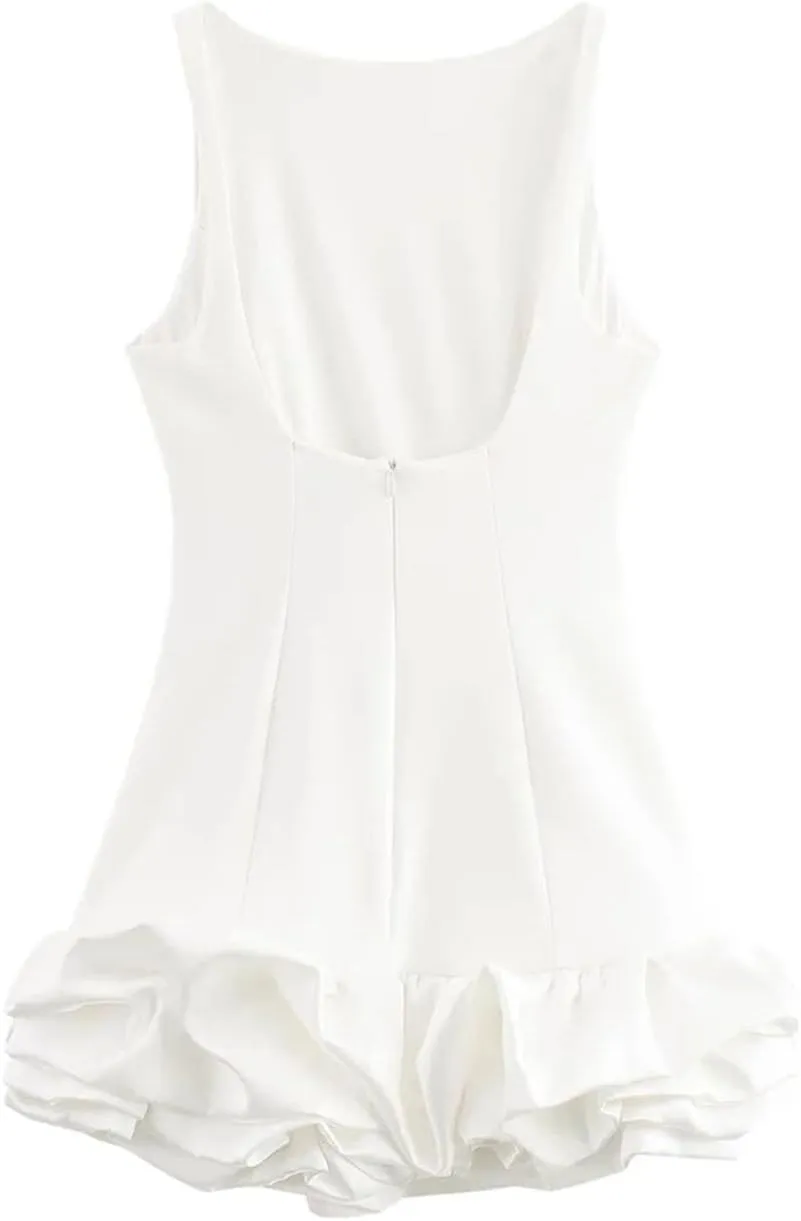 Women's Sleeveless Solid Color Ruffle Hem Fluffy Backless Slim Mini Dress Sexy Prom Party Dresses