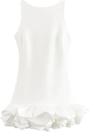 Women's Sleeveless Solid Color Ruffle Hem Fluffy Backless Slim Mini Dress Sexy Prom Party Dresses