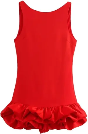 Women's Sleeveless Solid Color Ruffle Hem Fluffy Backless Slim Mini Dress Sexy Prom Party Dresses