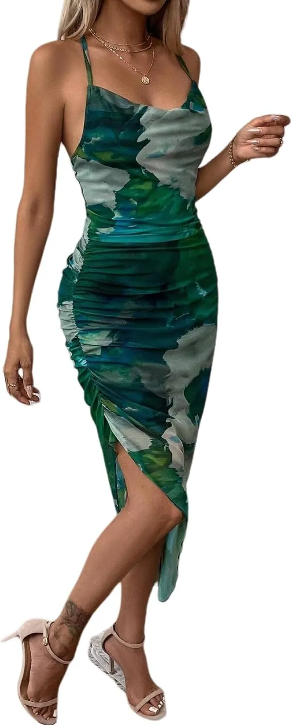 Women's Summer Dress Printed Bodycon Ruched Midi Tie Dye Sexy Cami Side Slit Mesh Layered