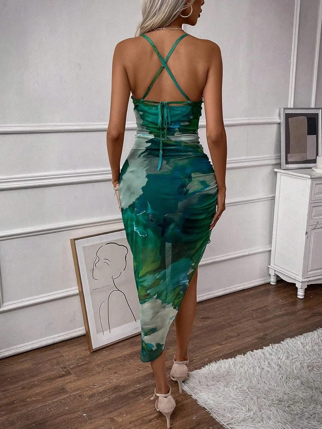 Women's Summer Dress Printed Bodycon Ruched Midi Tie Dye Sexy Cami Side Slit Mesh Layered