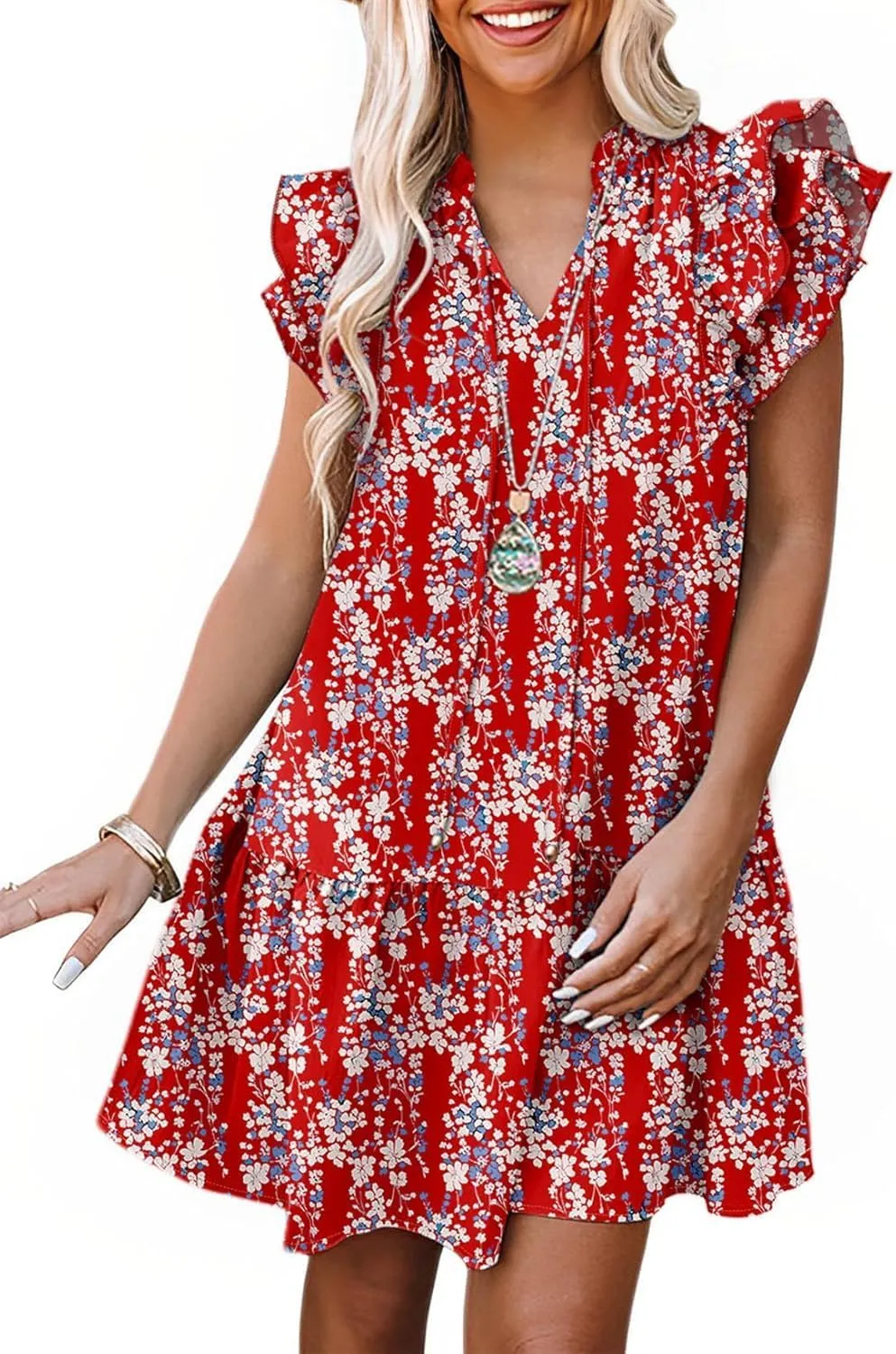 Womens Summer Dresses 2025 V-Neck Drawstring Ruffle Cap Short Sleeve Side Pockets Mini Dress Sundress