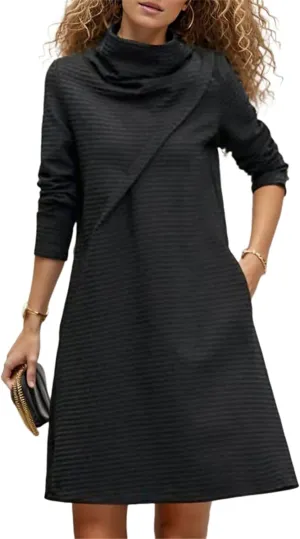 Women's Summer Fashion Balck Plain Round Neck Ruffled Long Sleeve Casual Elegant Party Mini Dress with Pockets