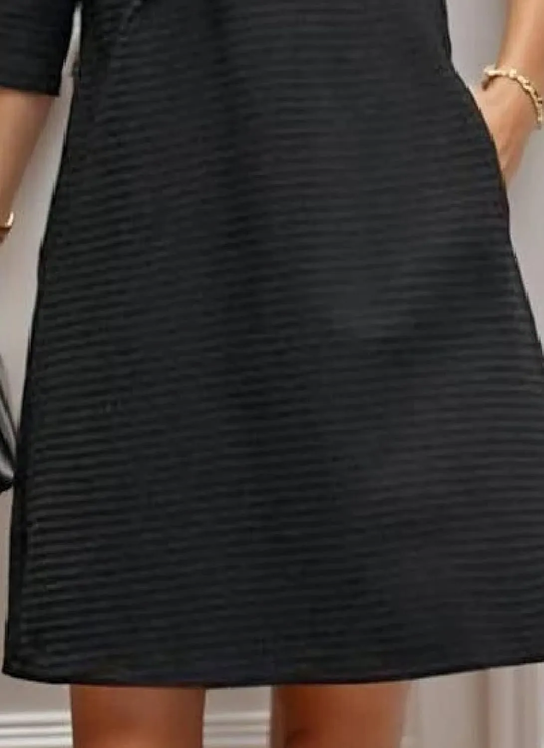 Women's Summer Fashion Balck Plain Round Neck Ruffled Long Sleeve Casual Elegant Party Mini Dress with Pockets