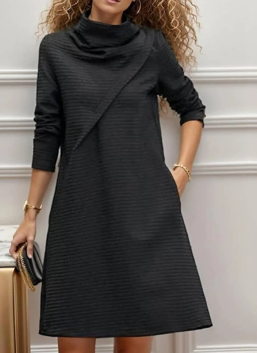 Women's Summer Fashion Balck Plain Round Neck Ruffled Long Sleeve Casual Elegant Party Mini Dress with Pockets