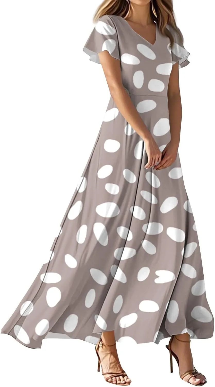 Women's Summer Floral Maxi Dress Flowy V Neck Short Sleeve Long Dresses Trendy A Line Vacation Beach Dress 2025