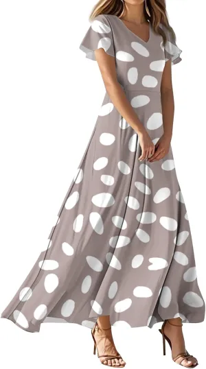 Women's Summer Floral Maxi Dress Flowy V Neck Short Sleeve Long Dresses Trendy A Line Vacation Beach Dress 2025