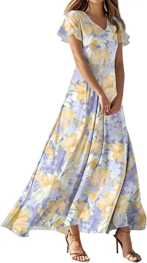 Women's Summer Floral Maxi Dress Flowy V Neck Short Sleeve Long Dresses Trendy A Line Vacation Beach Dress 2025