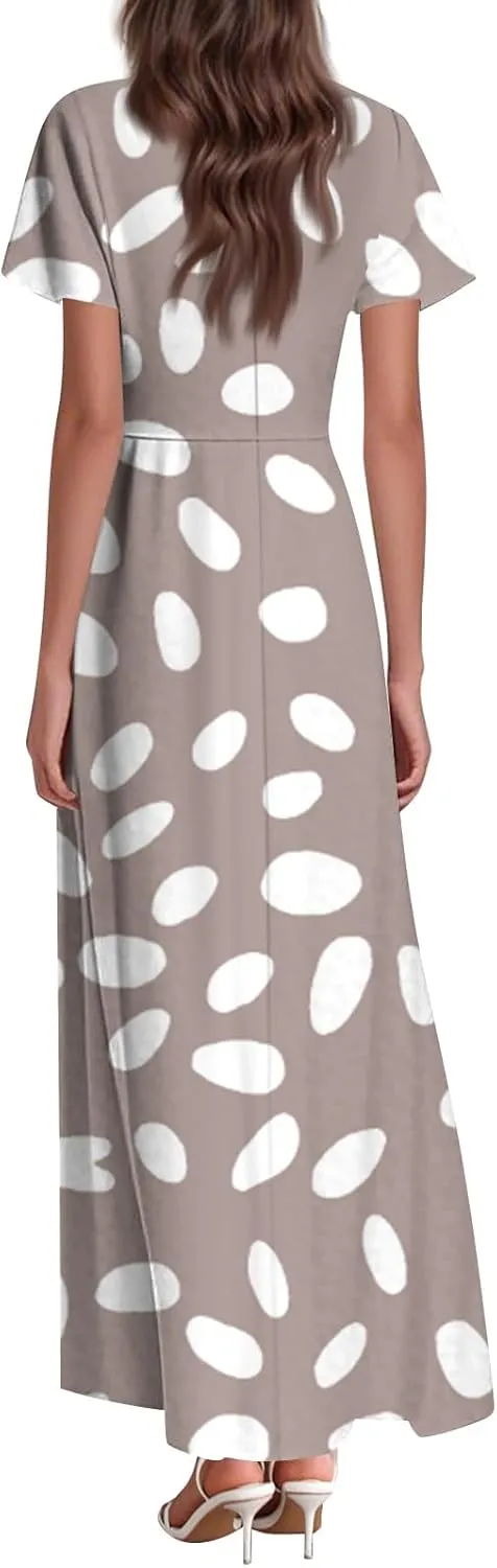 Women's Summer Floral Maxi Dress Flowy V Neck Short Sleeve Long Dresses Trendy A Line Vacation Beach Dress 2025