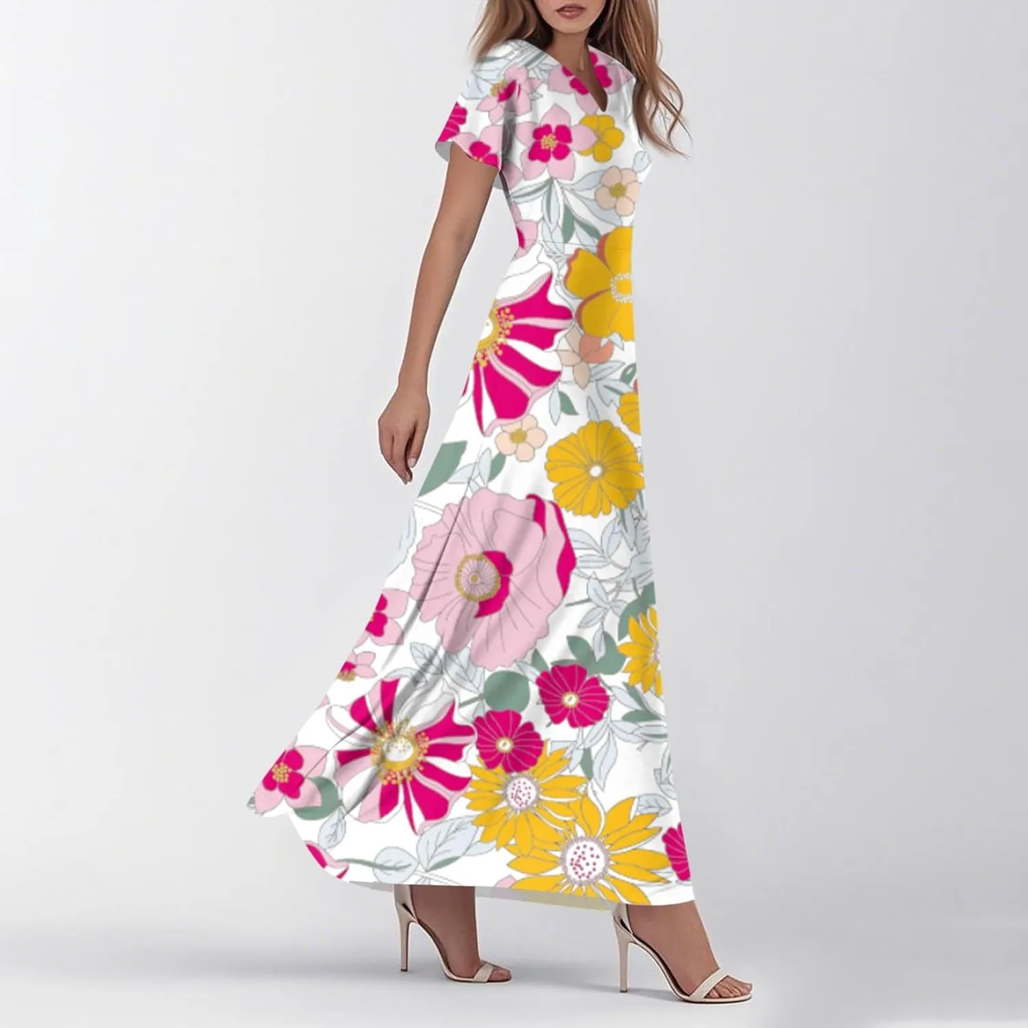 Women's Summer Floral Maxi Dress Flowy V Neck Short Sleeve Long Dresses Trendy A Line Vacation Beach Dress 2025