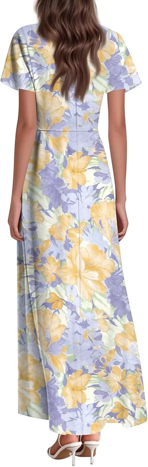 Women's Summer Floral Maxi Dress Flowy V Neck Short Sleeve Long Dresses Trendy A Line Vacation Beach Dress 2025