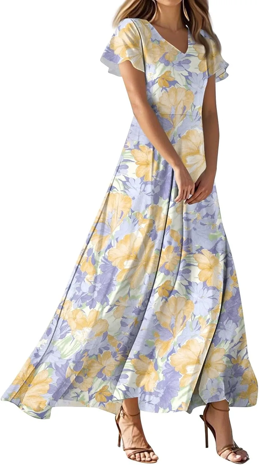 Women's Summer Floral Maxi Dress Flowy V Neck Short Sleeve Long Dresses Trendy A Line Vacation Beach Dress 2025