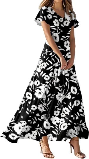 Women's Summer Floral Maxi Dress Flowy V Neck Short Sleeve Long Dresses Trendy A Line Vacation Beach Dress 2025